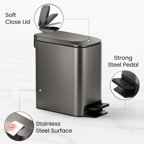 TIPGO Slim Bathroom Trash Can with Lid Soft Close, 6 Liter / 1.6 Gallon Stainless Steel Garbage Can with Removable Inner Bucket, Step Pedal, Small Trash Cans for Bedroom, Office, Kitchen (Black Gold) - color: Black Gold