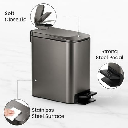 TIPGO Slim Bathroom Trash Can with Lid Soft Close, 6 Liter / 1.6 Gallon Stainless Steel Garbage Can with Removable Inner Bucket, Step Pedal, Small Trash Cans for Bedroom, Office, Kitchen (Black Gold) - color: Black Gold