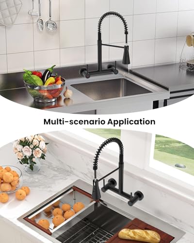 Matte Black Wall Mount Kitchen Sink Faucet 2 Handles, 8 Inch Center Wall Commercial Utility Sink Faucet with Pull Out Sprayer 3 Modes, Stainless Steel - color: 2-Handle-Black, style: Wall Mount