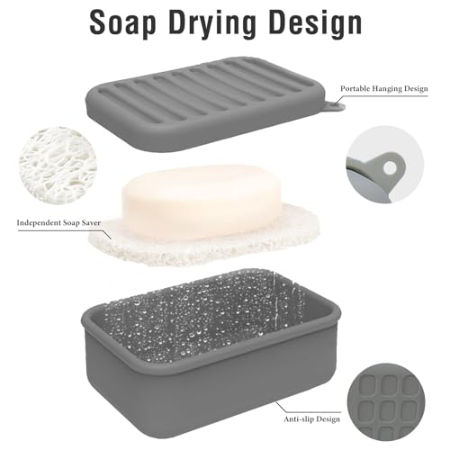 Silicone Travel Soap Case with Lid & Drain Tray, Leakproof, for Travel | Food-grade silicone, Leakproof seal, Built-in hook, Removable drain pad doubles as soap holder, For gym, travel, camping - color: Grey