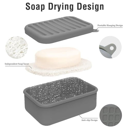 Silicone Travel Soap Case with Lid & Drain Tray, Leakproof, for Travel | Food-grade silicone, Leakproof seal, Built-in hook, Removable drain pad doubles as soap holder, For gym, travel, camping - color: Grey