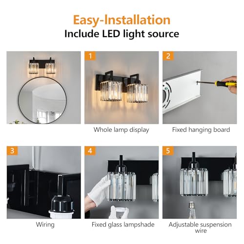 Modern Bathroom Vanity Light 2-Lights Plating Black Vanity Light Crystal Wall Light Bathroom Light Fixtures - color: Plating Black Crooked, size: 2-light