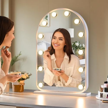 LUXFURNI Vanity Mirror with Lights, 24.5" Arched Hollywood Makeup Mirror | 12 LED Lights, 3 Color Modes, Touch Memory Control, Arched Frame No‑Bend Full‑Face View, HD Anti‑Glare Rust‑Resistant Glass