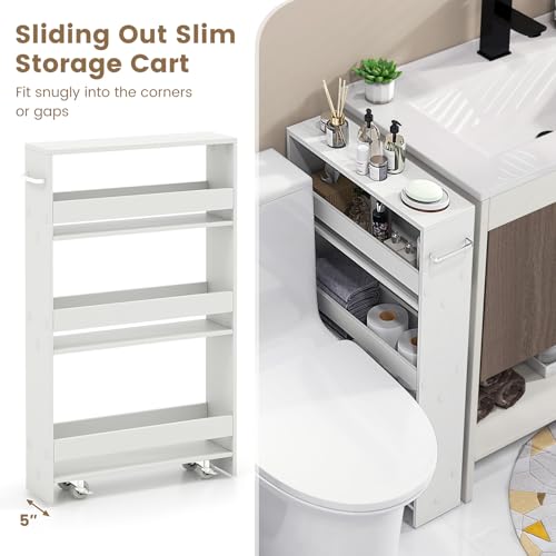 COSTWAY Slim Rolling Storage Cart, 4-Tier Rolling Utility Cart, Wood Kitchen Storage Cart with Handle & Wheels, Narrow Rolling Shelving Unit for Kitchen Bathroom Laundry Small Places (Plain White) - color: Plain White