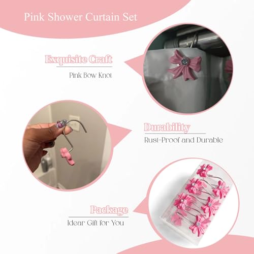 12PCS Decorative Shower Curtain Hooks with Shining Diamond,Rust Resistant Pink Bow Knot Hangers,Cute Shower Curtain Rings Hooks for Home Bathroom Decor Supplies