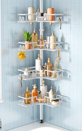 HAMITOR Corner Shower Organizer, 4-Tier Tension Pole Caddy with Hook, White | Rustproof Large Capacity Bathroom Essentials, No Drilling. Heavy Duty, Adjustable For Family, Apartment, Dorm 47.72-123.6in - color: White
