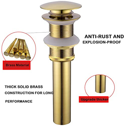 Brushed Gold Pop Up Drain for Bathroom Sink Without Overflow | Brass, Basin Vessel Detachable Basket Drain Strainer Stopper Assembly