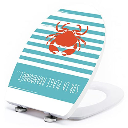 White Plastic Quick Release Toilet Seat - Oval Shape, Top Fixing with Adjustable Hinges, Easy Clean, Seagull and Starfish Design - One Size - color: Crab