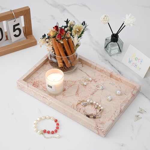 Marble Bathroom Tray,Pure Natural Vanity Tray | Marble Trays for Kitchen Counter Non-Ceramic/Non-Resin,Stone Tray 12 x 8 inch (Pink ) ﻿ - color: Pink