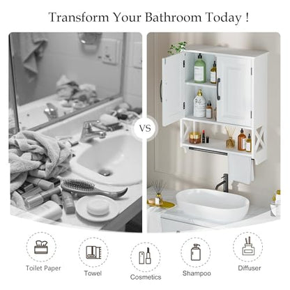 20" x 25" Bathroom Wall Cabinet with Towel Bar, White Painted Wall Mounted Storage Cabinet with Adjustable Shelf, Over The Toilet Medicine Cabinet, Wood Wall Cabinet for Bathroom Laundry Room - size: 20"D x 7"W x 25"H