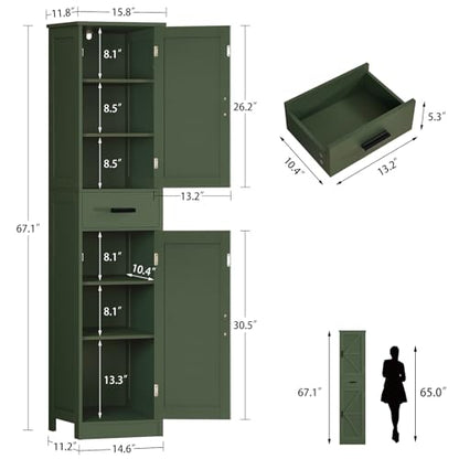 TEENFON Tall Bathroom Cabinet, Storage Cabinet with 6 Shelves & Drawer, Bathroom Storage Cabinet with Adjustable Shelves, Tall Cabinet for Living Room, Home Office, Green