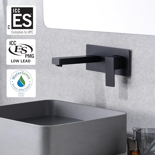 SUMERAIN Matte Black Wall Mount Bathroom Sink Faucet Lavatory Vessel Faucet, Brass Rough-in Valve Included - color: Matte Black, size: Right-Handed