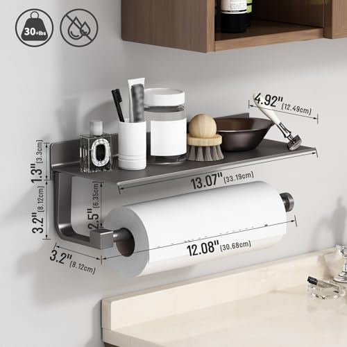 Kitchen Paper Towel Holder with Shelf Wall Mount, Adhesive Hand Towel Holder for Bathroom, Matte Grey - color: Gray