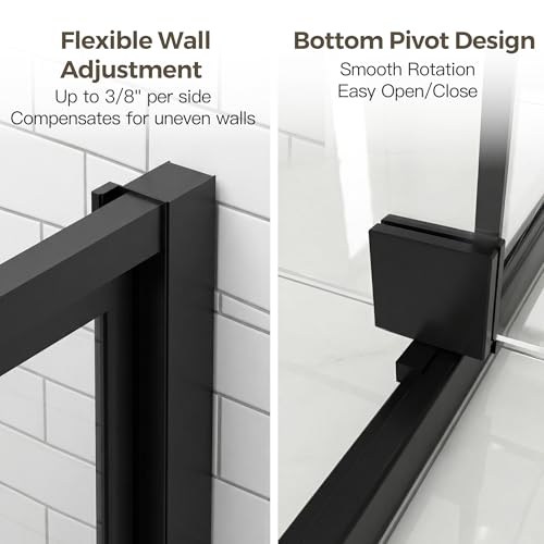 44-48" W x 72" H Pivot Shower Doors, Semi-Frameless Swing Glass Shower Doors Water Repellent, with 1/4" (6mm) Clear SGCC Tempered Glass, Reversible Installation, Matte Black Finish | 1/4" (6mm) Clear SGCC Tempered Glass with a 24.8" walk-in opening, Matte