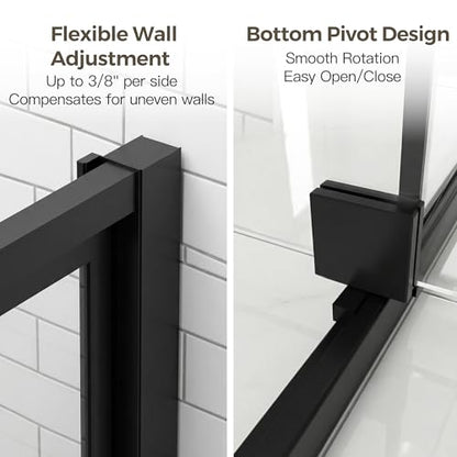 44-48" W x 72" H Pivot Shower Doors, Semi-Frameless Swing Glass Shower Doors Water Repellent, with 1/4" (6mm) Clear SGCC Tempered Glass, Reversible Installation, Matte Black Finish | 1/4" (6mm) Clear SGCC Tempered Glass with a 24.8" walk-in opening, Matte