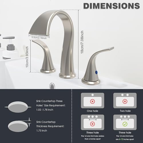 Bathroom Faucets 3 Hole Bathroom Sink Faucet with Pop Up Drain and Water Supply Hoses 8 Inch Waterfall Bathroom Faucet Two Handles for Vanity,Lavatory,Restroom,Commercial,Brushed Nickel - color: Brushed Nickel