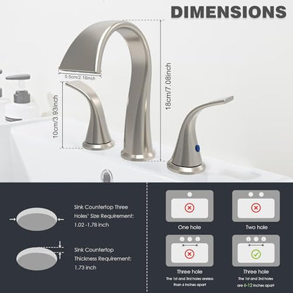 Bathroom Faucets 3 Hole Bathroom Sink Faucet with Pop Up Drain and Water Supply Hoses 8 Inch Waterfall Bathroom Faucet Two Handles for Vanity,Lavatory,Restroom,Commercial,Brushed Nickel - color: Brushed Nickel