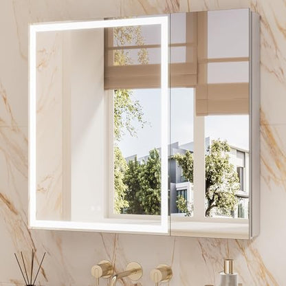 TETOTE 36 x 32 Medicine Cabinet with Lights, Adjustable Shelves, Silver Aluminum Cabinet, Anti-Fog Stepless Dimmable 3 Colors White/Warm/Natural, Easy to Install(Wall Mount/Recessed) - color: Silver, size: 32"L x 36"W