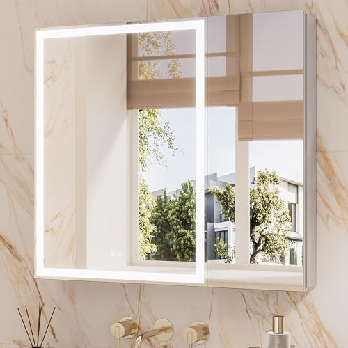 TETOTE 36 x 32 Medicine Cabinet with Lights, Adjustable Shelves, Silver Aluminum Cabinet, Anti-Fog Stepless Dimmable 3 Colors White/Warm/Natural, Easy to Install(Wall Mount/Recessed) - color: Silver, size: 32"L x 36"W
