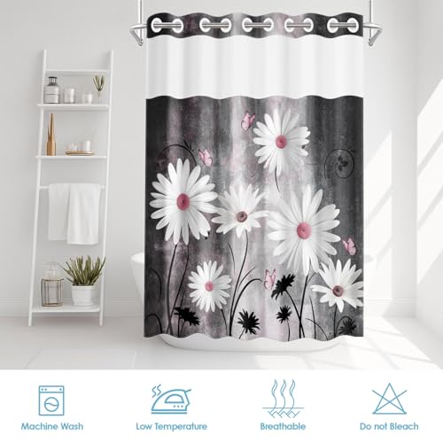 No Hook Shower Curtain with Snap in Liner 71x86 Inch Daisy Grey | Farmhouse Pink Butterfly Modern Double Layers Waterproof Fabric with See Through Top Window Open Grommet Bath Curtain - color: Grey, size: 71"W x 86"L (Pack of 1)