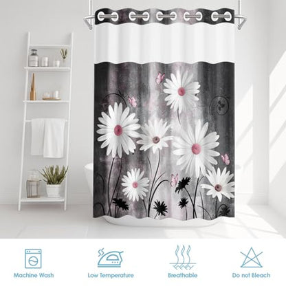 No Hook Shower Curtain with Snap in Liner 71x86 Inch Daisy Grey | Farmhouse Pink Butterfly Modern Double Layers Waterproof Fabric with See Through Top Window Open Grommet Bath Curtain - color: Grey, size: 71"W x 86"L (Pack of 1)