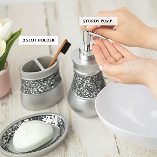 Creative Scents Crackled Glass 6 Pc. Silver Resin Bathroom Accessories Set | Includes Trash can, Tissue Box Cover, Soap Dispenser, Toothbrush Holder, Tumbler Cup & Soap Dish - style: 6 Pc Set 01