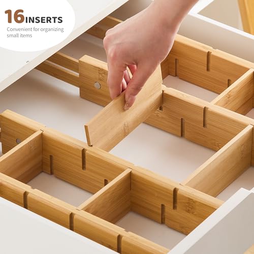 Bamboo Drawer Dividers with Inserts kitchen drawer organizer Adjustable Expandable 8 Pack Organizer Set for Kitchen Bedroom Bathroom Office 8 Dividers with 16 Inserts (Natural, Small (14-19IN))