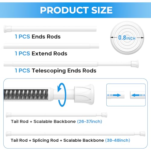 Tension Rod 28 to 48 inch, Adjustable Curtain Rods No Drilling Spring Rods Extendable Pressure DIY Tension Rod for Window Closet Kitchen, White - color: White, size: 28" to 48"-1Pc