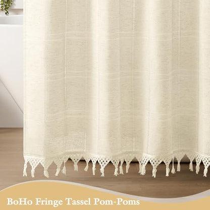 Small Stall Linen Farmhouse Shower Curtain with Tassel, Modern Boho French Country Chic Bathroom Shower Curtain Set with PEVA Liner, Cotton Hollow Fabric Shower Curtain 36x72 - Beige/Cream - color: Beige, size: 36"W x 72"L (Pack of 1)