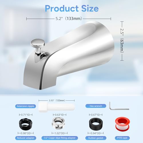 Universal Slip Fit Bath Tub Spout with Diverter,Bathtub Faucet for 1/2" Copper Pipe, 1/2" IPS and 3/4" IPS Thread Connections, Bath Tub Faucet Replacement with Adapter,PTFE Tape,Hex Wrench (Chrome)