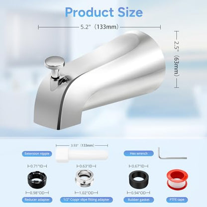 Universal Slip Fit Bath Tub Spout with Diverter,Bathtub Faucet for 1/2" Copper Pipe, 1/2" IPS and 3/4" IPS Thread Connections, Bath Tub Faucet Replacement with Adapter,PTFE Tape,Hex Wrench (Chrome)