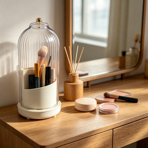 Dustproof Toothbrush Holders with Cover, Rotating Drainage Electric Toothbrush Organizer for Bathroom, 3 Slots Makeup Brush Holder with Sliding Lid for Vanity (Cream White) - color: Cream White