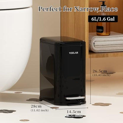 Slim Bathroom Trash Can with Lid, 1.6 Gallon / 6 Liter Stainless Steel Trash Bin, Step Pedal Garbage Cans for Bedroom, Kitchen, Office (Black) - color: Black(Step Pedal), size: 1.6 Gallon (6L)