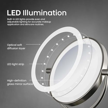KIBI Circular Wall Mount Makeup Mirror with LED Lights, Dual-Sided 1x/5x Magnifying Mirror with Adjustable Arm, 360° Swivel, Solid Brass Construction for Durability and Style (Brushed Nickel, KMM101) - color: Brushed Nickel