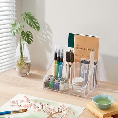 STORi Stackable Desk Organizer, Clear Pen Pencil Makeup Brush Holder for Desktops and Vanities, 6 Compartment Caddy (Made in USA) - style: Organizer Top