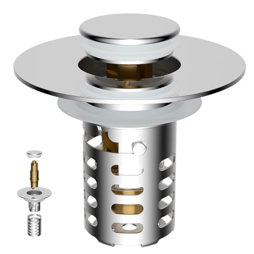 Universal Bathroom Sink Drain Strainer 3 in 1 Metal Hair Catcher, Chrome | Upgraded Pop-up Sink Stopper, Fit for 1.1''~2.36'' Basin Hole, with Detachable Stainless Steel Filter Basket - color: Chrome