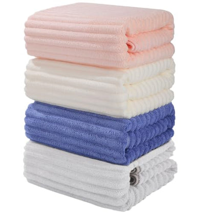 Bath Towels 4-Pack, 27.5x55 Inches - Ultra Soft and Highly Absorbent Quick Dry Microfiber Towels with Hanging Loop, Beauty Twill Stripe Design for Bath, Beach, Gym - color: Grey+blue+white+pink
