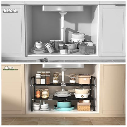 Under Sink Organizers and Storage,Expandable under cabinet organizer Shelf | 2 tier expandable shelf for kitchen and bathroom,8 Removable Carbon Steel Panels,27.36-36.02" W x 12.28" D x 16.93" H - size: 8 thickened iron plates(12.28"deep)
