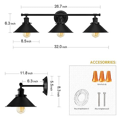 Upgrade Black Farmhouse Bathroom Light Fixtures, Vanity Lights for Bathroom | 32" Larger Size, Solid Metal Shade, Matte Black Vanity Light, 32"-48" Mirror, 3-Light Rustic Industrial Kitchen Wall Sconce - size: 3-Light