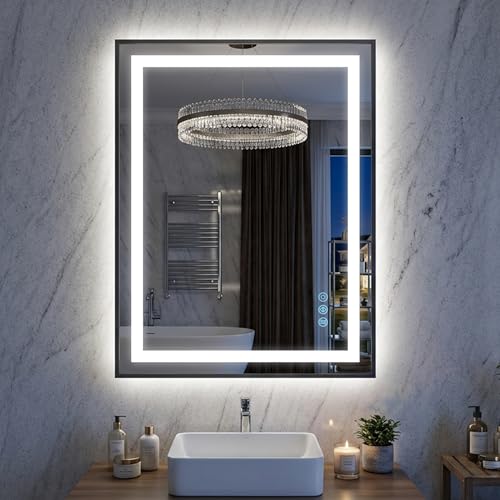 Antok 24X32 LED Bathroom Mirror with Lights, Vanity Mirror for Wall with Black Frame, Touch Control, Anti-Fog, Dimmable Lights, Shatter-Proof, Memory Function, Wall-Mounted Vanity Mirrors - size: 32"L x 24"W