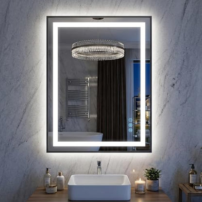 Antok 24X32 LED Bathroom Mirror with Lights, Vanity Mirror for Wall with Black Frame, Touch Control, Anti-Fog, Dimmable Lights, Shatter-Proof, Memory Function, Wall-Mounted Vanity Mirrors - size: 32"L x 24"W