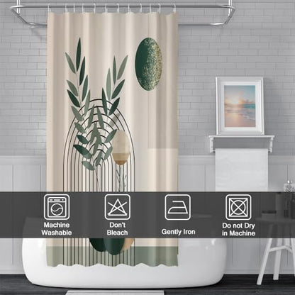 Mid Century Sage Green Stall Shower Curtain with Hooks 48x72 Inch | Waterproof Small Abstract Green and Beige Bathroom Curtain for Shower Stall, Machine Washable - color: Abstract 041, size: 48"W x 72"L (Pack of 1)