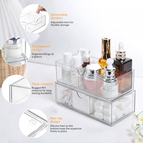 PAVSTINE Medicine Cabinet Organizer 2 Pack, Stackable Storage Drawers with Removable Divider, Make Up Organizer for Bathroom Mirror Cabinets, Vanity, Closet, Countertop - Clear - size: 2-Tier