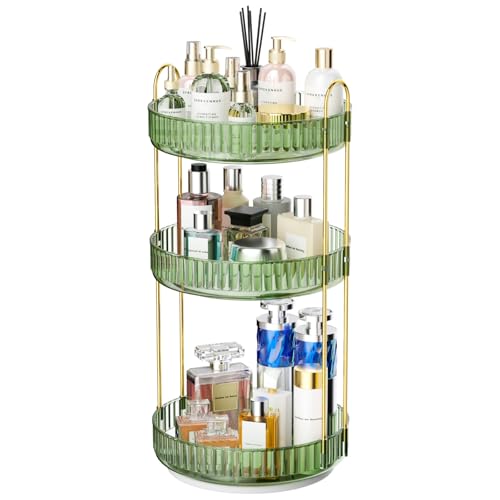 GTI 360°Rotating Makeup Organizer, 3 Tier Large Capacity Perfume Cosmetics Skincare Vanity Organizers,Bathroom Counter Organizer, Dresser Spinning Countertop Organizer and Storage for Women (Green) - color: Cyan