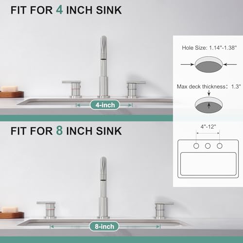 Faustina 3 Hole Bathroom Faucet, Brushed Bathroom Faucets for Sink 3 Hole/Double-Handle/8-Inch Widespread Bathroom Faucet, Stainless Steel Bathroom Vanity Faucet(Pop Up Drain/Supply Line), Brushed - color: Brushed, style: Modern Widespread
