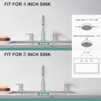 Faustina 3 Hole Bathroom Faucet, Brushed Bathroom Faucets for Sink 3 Hole/Double-Handle/8-Inch Widespread Bathroom Faucet, Stainless Steel Bathroom Vanity Faucet(Pop Up Drain/Supply Line), Brushed - color: Brushed, style: Modern Widespread