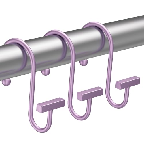 Purple Shower Curtain Hooks, Bathway Shower Curtain Rings Rust Proof, 12PCS Shower Hooks for Shower Curtain, T-Bar Design Convenient Elegant Shower Curtain Hangers for Bathroom Kitchen Wardrobe - color: Purple