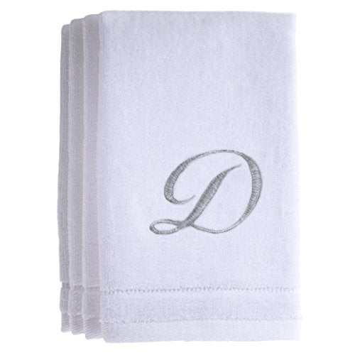 Monogrammed Towels Fingertip, Personalized Gift, 11 x 18 Inches - Set of 4- Silver Embroidered Towel - Extra Absorbent 100% Cotton- Soft Velour Finish - For Bathroom/ Kitchen/ Spa- Initial D (White) - color: D