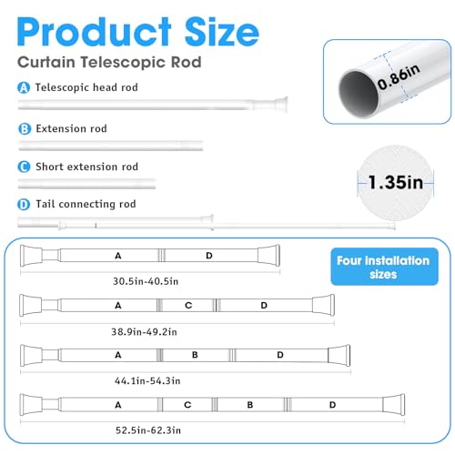 MEXAU 1 Pack Spring Tension Curtain Rods 31-62 In White Shower Curtain Rod | Adjustable Spring Tension Rods No Drilling for Window Closet Kitchen Wardrobe Bathroom, Non Slip Tension Rods ,7/8" Diameter - color: White-1P, size: 31-62 inch