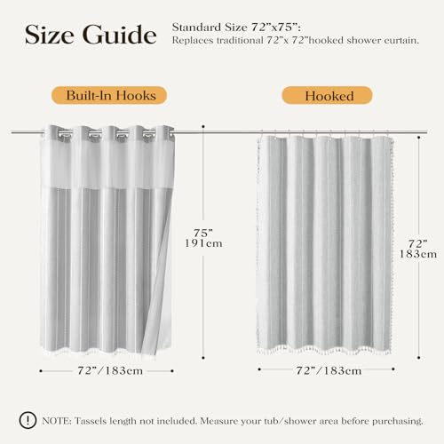 Grey Ringless Boho Striped Tassel Shower Curtain with Snap Liner 72x75 | Heavy Duty Linen Blend, 3 in 1 Shower Curtain Set, Farmhouse Style, Waterproof & Washable, Mesh Top Window, Easy to Install - color: Grey, size: 72"W x 75"L (Pack of 1)